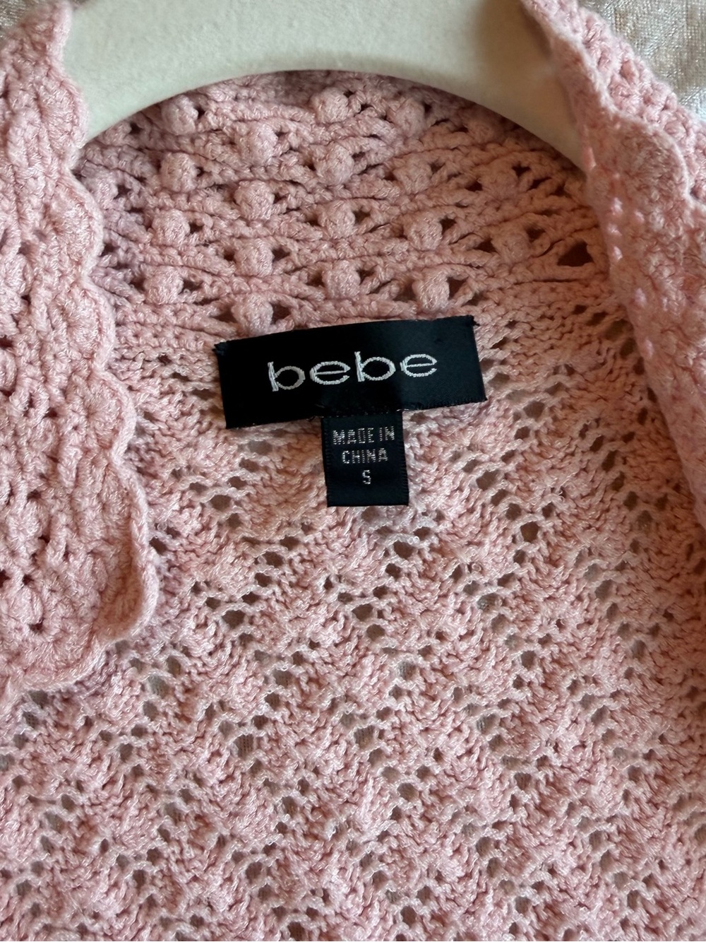 Bebe Pink Lemonade Crochet Knit Open Front Cardigan Size S - Picture 2 of 5